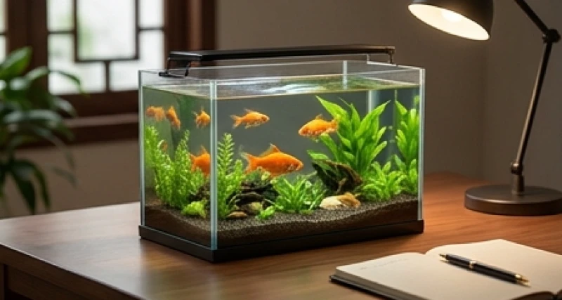 Bể cá cảnh phong thủy nhỏ đặt trên bàn làm việc giúp cân bằng năng lượng và hóa giải xung khắc
