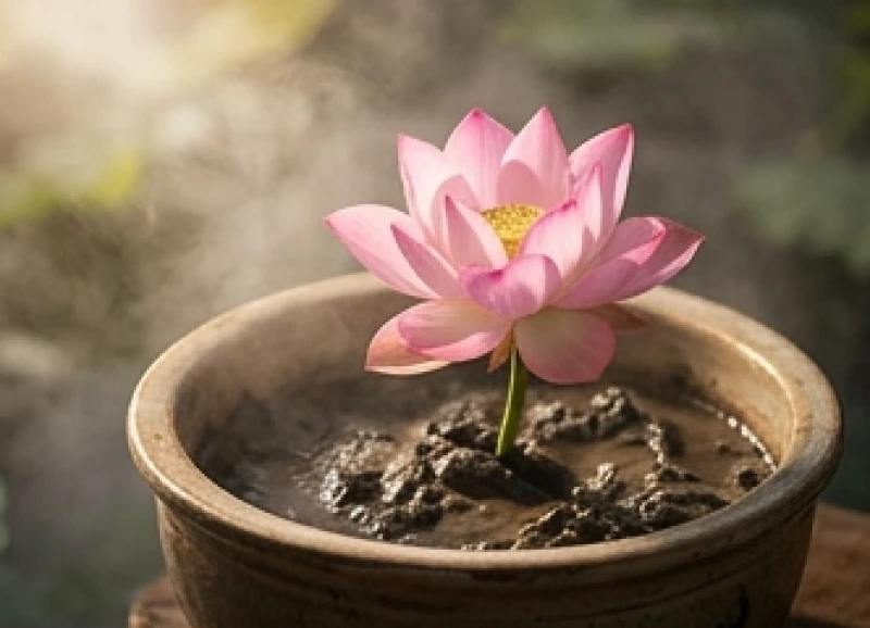 Nụ hoa sen thanh tao bung nở từ bùn đất minh họa sinh khí luân chuyển trung hòa mọi năng lượng xấu
