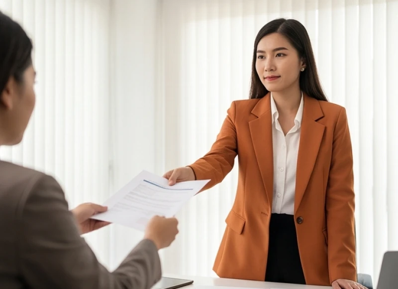 Nữ trợ lý mặc áo vest màu cam đang đại diện công ty đàm phán hợp đồng trực tiếp với khách hàng đối tác