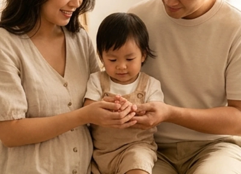 Cái nắm tay ấm áp của gia đình ba người thể hiện sự gắn kết và bình an