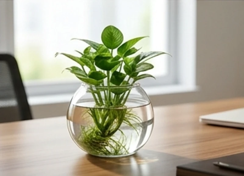 Chậu cây thủy sinh xanh tươi đặt trên bàn làm việc giúp dung hòa tính Hỏa và hỗ trợ hành Mộc