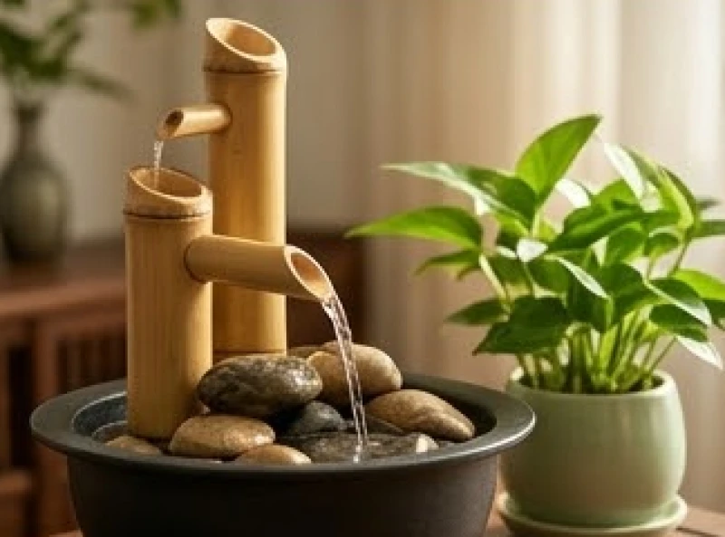 Cây cảnh bằng gỗ xanh tươi đóng vai trò trung gian cân bằng giữa yếu tố nước và ánh sáng mặt trời rực rỡ