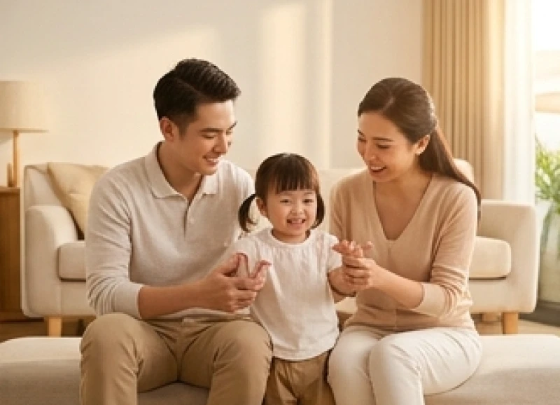 Tuổi Nhâm Ngọ 2002: Tử vi, phong thủy và cách hóa giải xung khắc 7 Gia đình nhỏ ba người đang tươi cười chơi đùa hạnh phúc trên ghế sofa đại diện cho sự hòa hợp năng lượng gia đạo