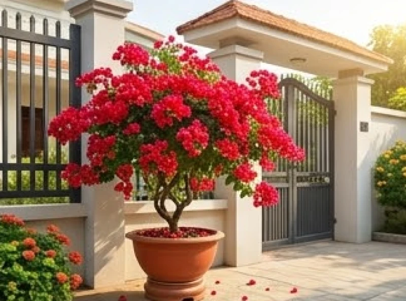 Giàn hoa giấy đỏ rực rỡ bung nở dưới ánh nắng mặt trời giúp vượng khí mệnh Hỏa thêm mạnh mẽ