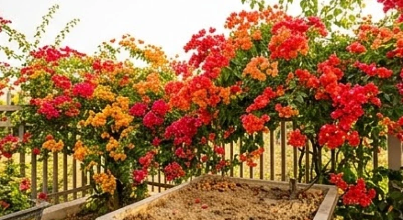 Bức tường rào ngập tràn sắc đỏ cam rực rỡ của cụm hoa giấy đang bung nở dày đặc dưới nắng gắt