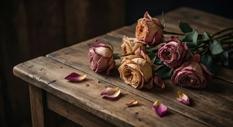 Mơ thấy được tặng hoa: Giải mã theo người tặng & số lượng 7 Những cánh hoa đang dần héo úa rụng xuống bàn gỗ cảnh báo sự rạn nứt trong các mối quan hệ