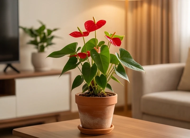 Cây Trồng Trong Nhà Hợp Tuổi Mão: Chọn Cây Râm Mát & Lịch Tưới 6 Chậu hoa hồng môn nổi bật với những lá bắc hình trái tim màu đỏ tươi