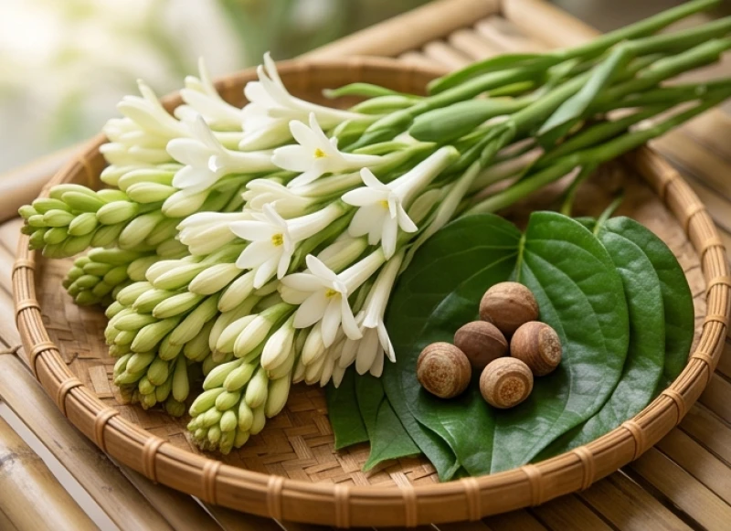 Văn khấn Bà Chúa Năm Phương: Bài cúng chuẩn và cách sắm lễ 4 Bó hoa huệ trắng muốt cùng trầu cau tươi được chuẩn bị cẩn thận cho mâm lễ chay