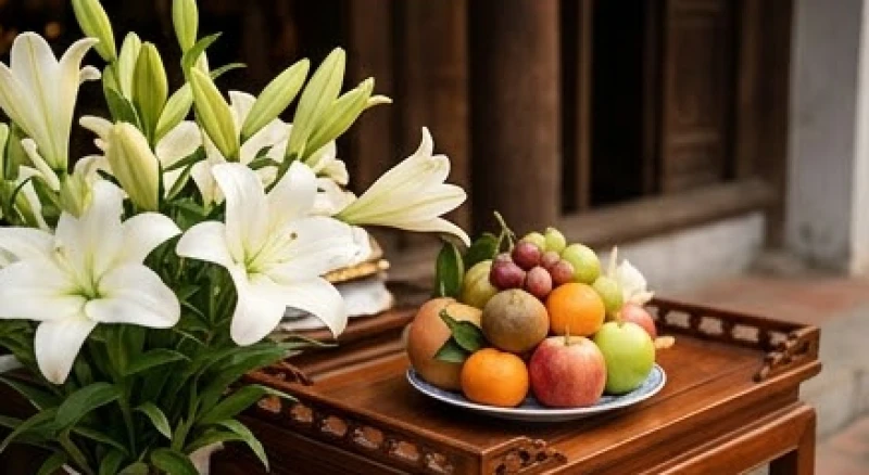 Văn khấn xin lộc Đền Ghềnh: Hướng dẫn cầu tài, sắm lễ chi tiết 3 Mâm lễ dâng ban Cô Bơ với bó hoa ly trắng tinh khiết cùng đĩa trái cây tươi