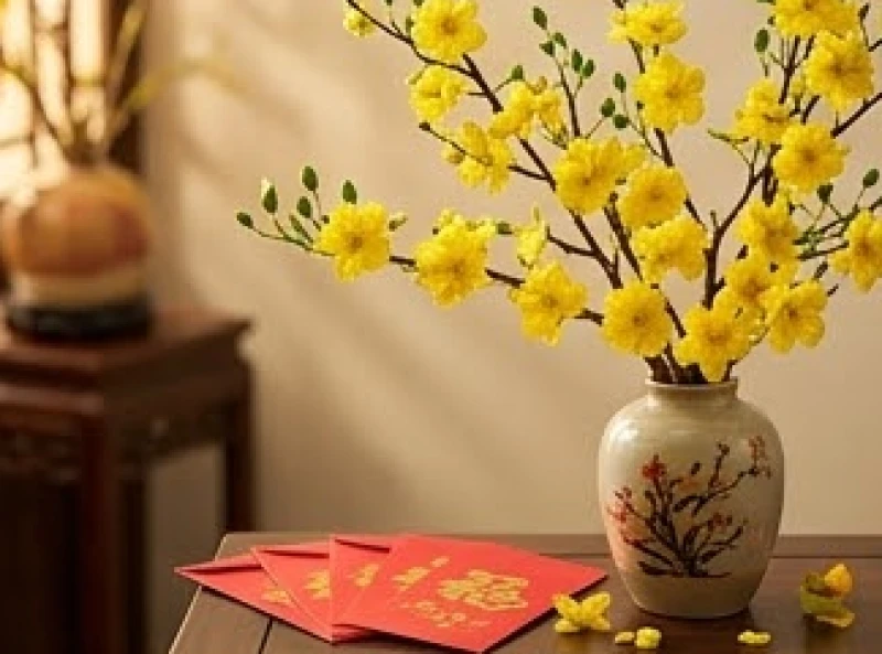 Tài lộc tuổi Tỵ: Vận hạn từng năm sinh và cách đo cung tài lộc 4 Cành hoa mai vàng khoe sắc rực rỡ bên cạnh bao lì xì đỏ tượng trưng cho tài lộc đầu năm