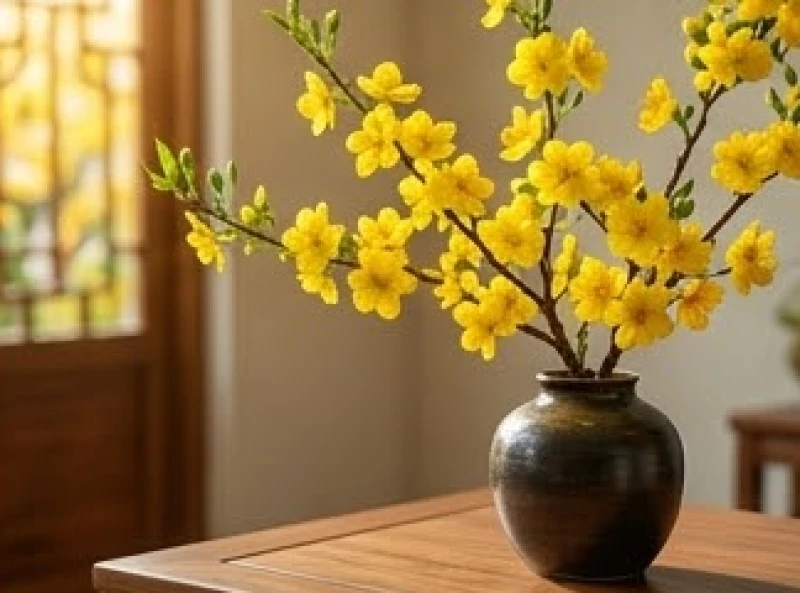 Cành hoa mai vàng nở rộ rực rỡ mang đến sinh khí tươi mới cho ngôi nhà trong dịp đầu xuân
