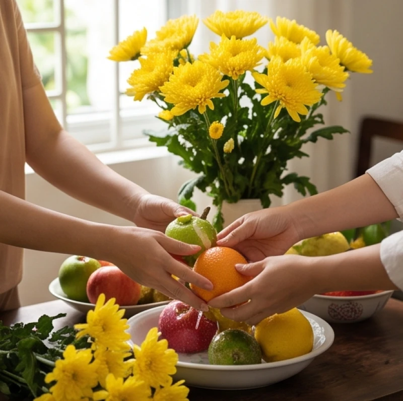 Văn khấn ngày vía Mẹ Diêu Trì: Bài cúng và sắm lễ theo từng dịp 6 Gia chủ lau rửa trái cây và chọn lọc hoa cúc vàng tươi cẩn thận trước khi xếp lên mâm cúng