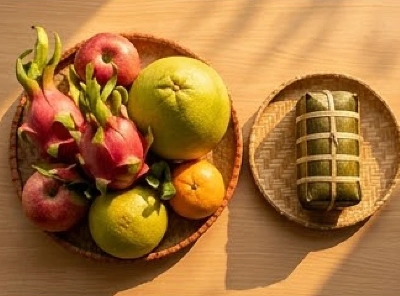 Mâm ngũ quả tươi sáng bóng mọng nước kết hợp cùng bánh tét chay đặt trên mẹt tre truyền thống
