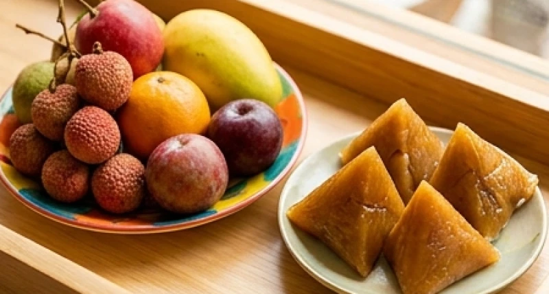Đĩa trái cây ngũ sắc tươi sáng kết hợp cùng bánh tro đại diện cho ngũ hành tương sinh sinh lộc