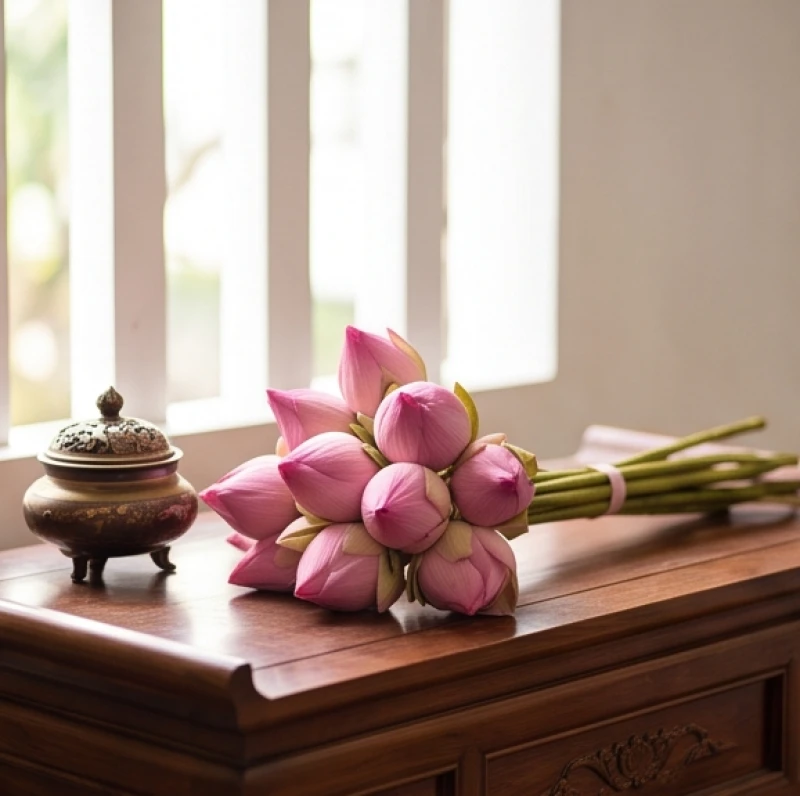 Văn khấn đi chùa đầu năm: Sắm lễ chuẩn và thứ tự hành lễ 5 Bó hoa sen thanh khiết được dâng lên ban Tam Bảo thay cho các loại hoa có gai nhọn mang tạp khí