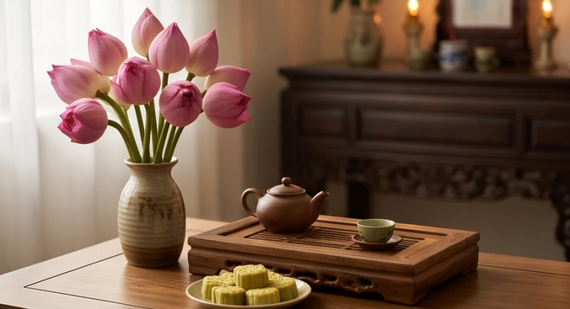 Văn khấn Bác Hồ tại nhà: Bài cúng và nghi lễ lập bàn thờ chuẩn 6 Bình hoa sen hồng bung nở rực rỡ bên cạnh khay trà mộc mạc được dâng lên bàn thờ nhân ngày sinh nhật Bác