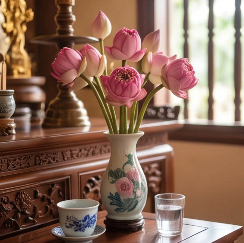 Lẵng hoa sen hồng tươi tắn đang độ bung nở được đặt trang trọng bên cạnh chén nước lọc tinh khiết