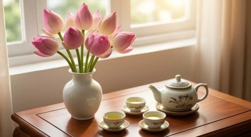 Văn khấn ngày vía Địa Tạng: Bài cúng chuẩn và khung giờ hành lễ 5 Bình hoa sen hồng tươi tắn dâng lên bàn thờ cùng chén trà trong vắt