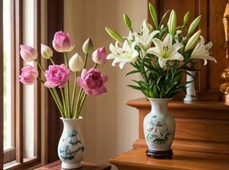 Văn khấn Địa Tạng tại chùa: Hướng dẫn sắm lễ và bài cúng chuẩn 4 Những đóa hoa sen và hoa huệ tươi tắn được xếp gọn gàng để dâng lên ban thờ Bồ Tát