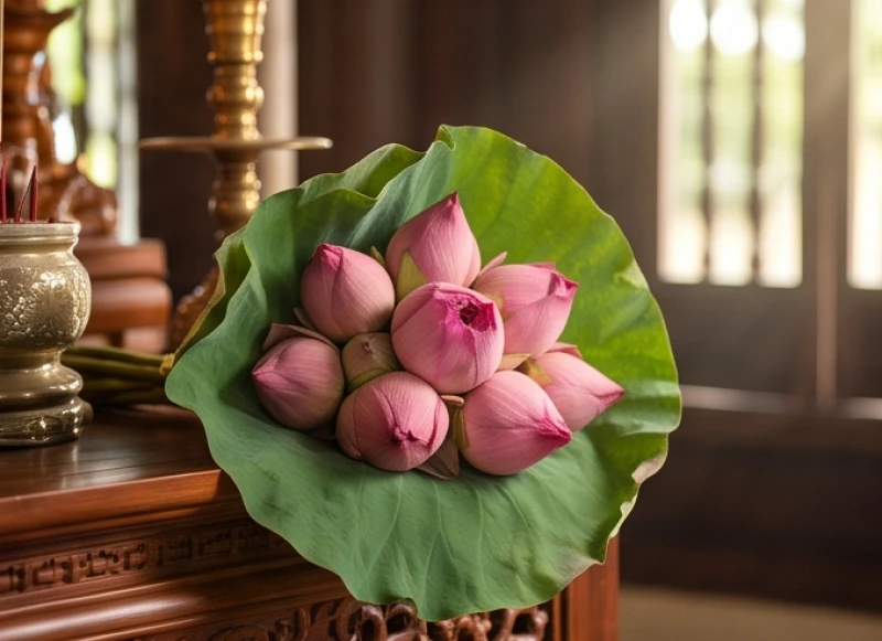 Văn khấn Đức Thánh Hiền tại chùa: Bài cúng chuẩn và sắm lễ chay 6 Bó hoa sen hồng tươi tắn bọc trong lá sen xanh được dâng lên ban thờ Phật ngập tràn ánh sáng thiêng