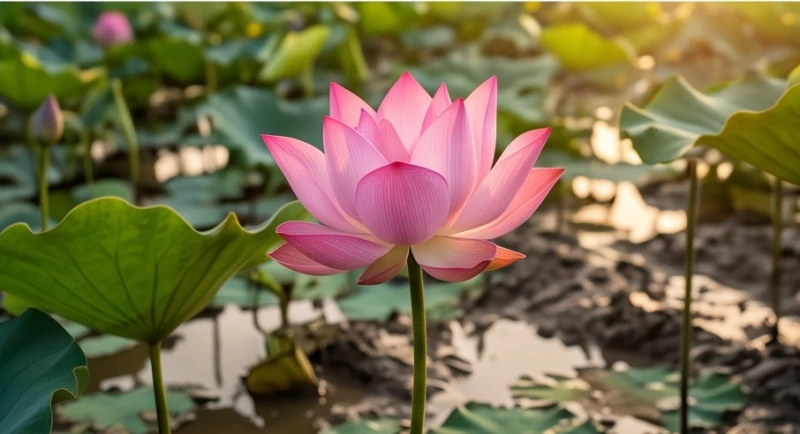 Bông hoa sen hồng tươi vươn lên nở rạng rỡ từ đầm bùn lầy bao quanh là lá xanh