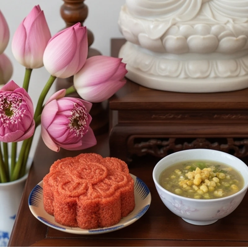 Văn khấn Địa Tạng cầu siêu: Bài cúng chuẩn theo từng hoàn cảnh 3 Sự chuẩn bị kỹ lưỡng gồm hoa sen tươi, phẩm oản đỏ và bát chè ngọt thanh dâng lên ban thờ.