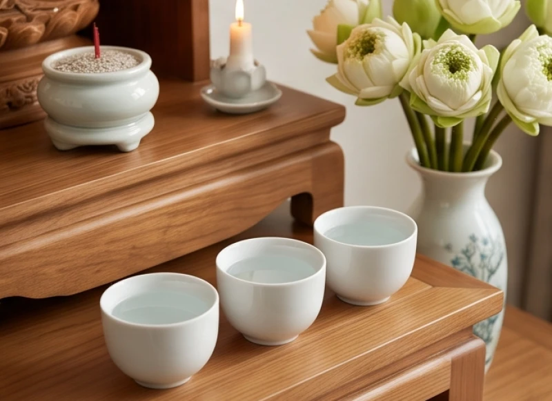 Văn khấn Phật tại nhà: Trọn bộ bài cúng chuẩn và quy tắc dâng lễ 5 Bình hoa sen trắng thanh khiết cùng ba chén nước tinh khiết đặt ngay ngắn trên nhang án