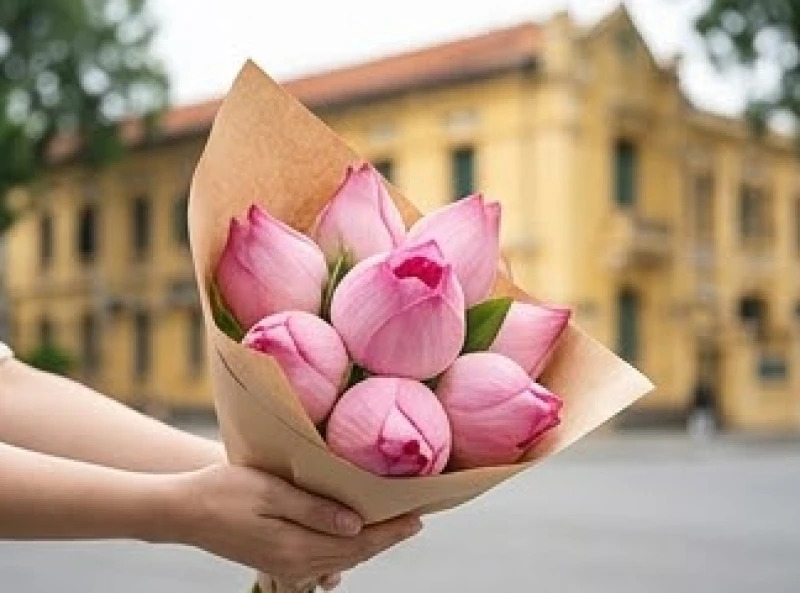 Bó hoa sen hồng ngát hương được gói ghém cẩn thận để chuẩn bị đem vào dâng viếng Chủ tịch Hồ Chí Minh.