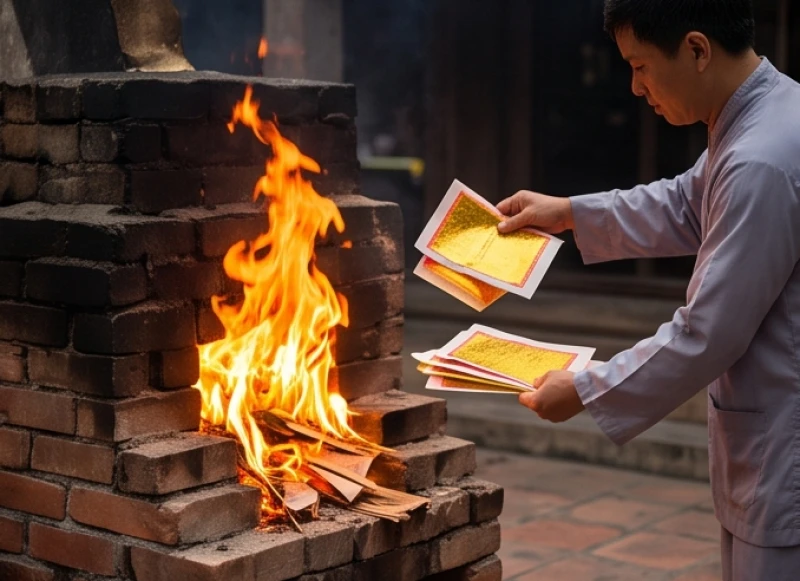 Văn khấn Bà Chúa Năm Phương: Bài cúng chuẩn và cách sắm lễ 9 Người đi lễ cẩn thận thả từng tập tiền vàng mã vào lò hóa sớ rực lửa tại đền