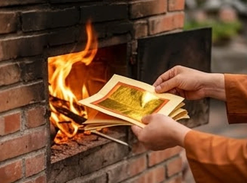 Người dân cẩn thận đưa sớ và tiền vàng thiếc vào lò hóa sau khi hương cháy được hai phần ba