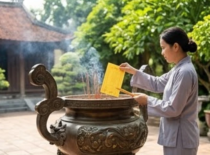 Người hành lễ cẩn thận hóa tờ sớ trạng tại lư hương lớn đặt bên ngoài khuôn viên sân chùa