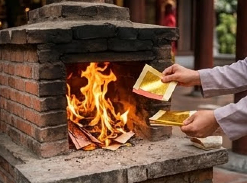 Lò hóa sớ tại đền nơi du khách cẩn thận thả từng tệp tiền vàng mã vào sau khi hương đã tàn