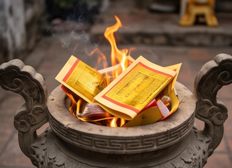Giấy tiền vàng mã và sớ đỏ được đem đốt cháy hoàn toàn thành tro mịn tại khu vực lò hóa vàng của đền
