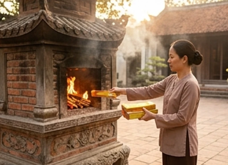 Văn khấn tại đền phủ: Trình tự dâng lễ & bài khấn chuẩn nghi lễ 10 Người đi lễ cẩn thận hóa sớ cầu an và vàng mã tại lò đốt của đền phủ sau khi hương tàn
