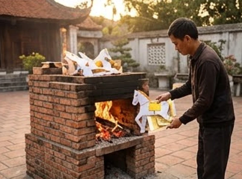 Người đi lễ cẩn trọng thực hiện nghi thức hóa lá sớ và vàng mã màu trắng tại lò đốt chuyên dụng của nhà đền