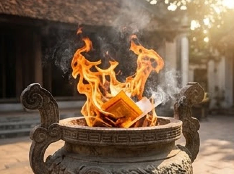 Nghi thức hóa vàng sớ tấu tại lò hóa vàng ngoài sân đền sau khi hoàn tất khóa lễ dâng hương