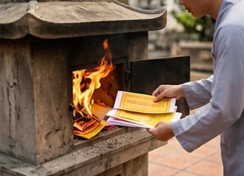 Văn khấn Đức Chúa Ông: Bài cúng chuẩn tâm linh và cách sắm lễ 9 Người đi lễ cẩn thận hóa sớ trạng và các loại tiền vàng mã tại khu vực lò đốt quy định của nhà chùa