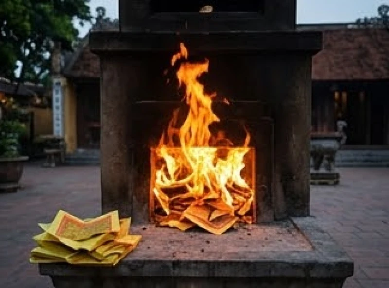 Ngọn lửa rực sáng đượm vàng khi tín đồ cẩn thận hóa sớ và giấy tiền tại khu vực lò đốt riêng biệt