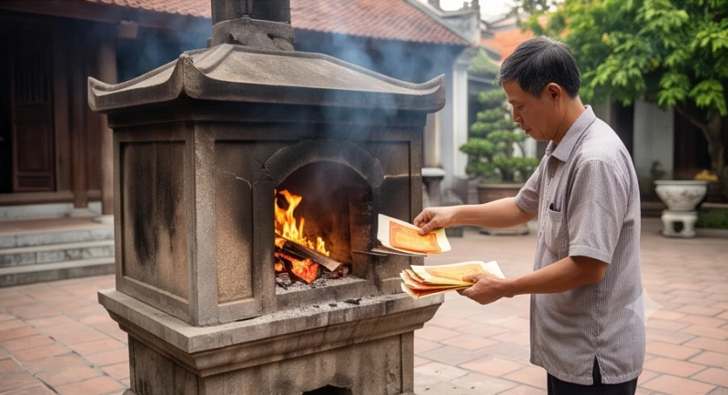 Văn khấn Đền Cô Bơ: Bài cúng chuẩn và thứ tự dâng lễ 8 Tín chủ cẩn thận thả từng món đồ mã và sớ giấy vào lò thiêu để hóa vàng sau khi nghi lễ kết thúc.