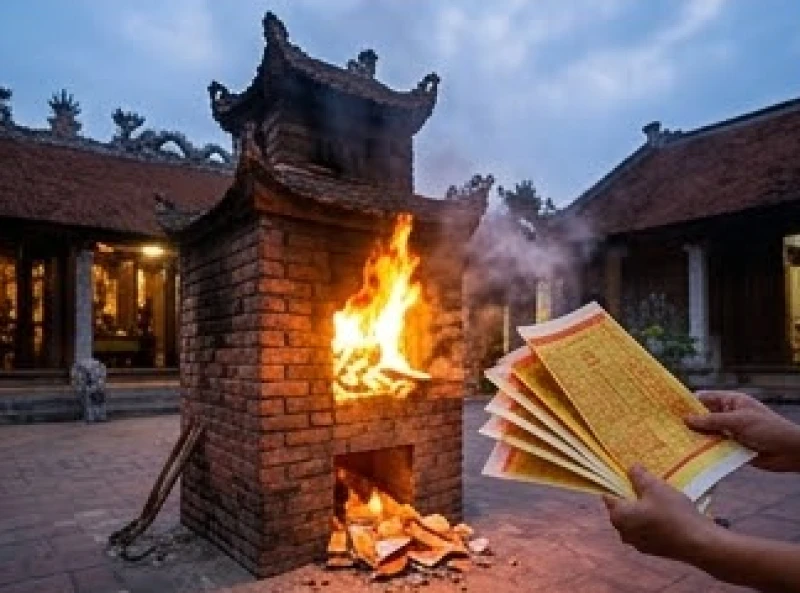 Văn khấn xin lộc Đền Quán Thánh: Bài chuẩn cầu tài lộc và sắm lễ 9 Người đi lễ cẩn thận hóa sớ và vàng mã vào lò thiêu bằng gạch đỏ trong khuôn viên đền