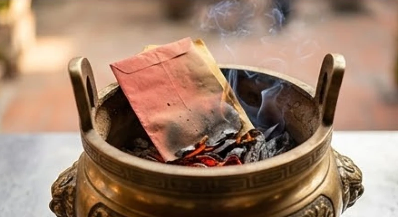 Nghi thức đốt cháy hoàn toàn chiếc bao lộc cũ cùng giấy tiền vàng bạc trong một chiếc lư đồng