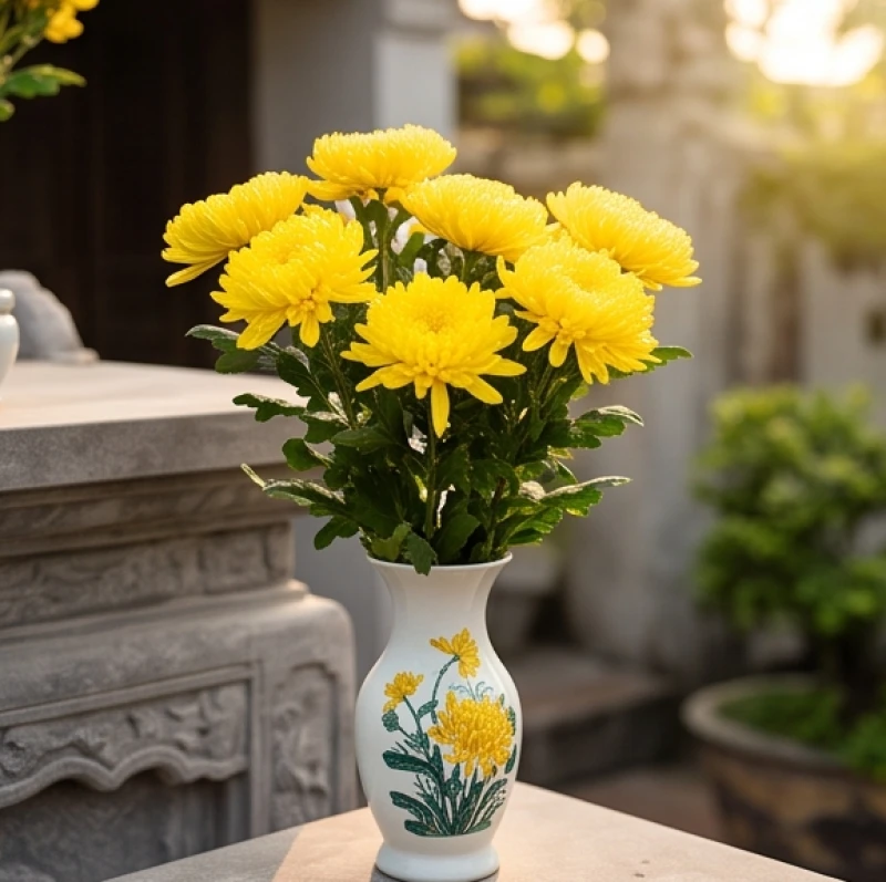 Bình hoa cúc vàng rực rỡ đọng sương mai được đặt trang trọng trên bàn thiên thay cho vật phẩm giả