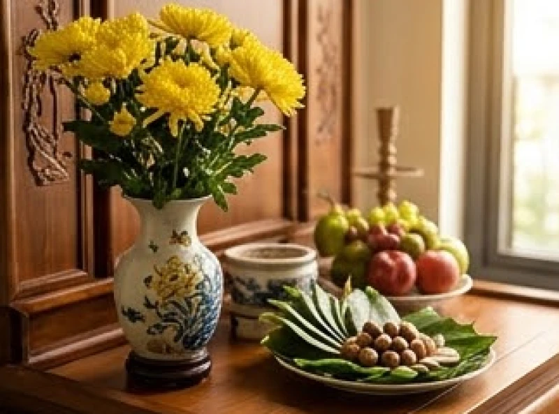 Bình hoa cúc vàng rực rỡ và đĩa trầu cau têm cánh phượng dâng lên ban thờ tổ tiên trong lễ xê dịch
