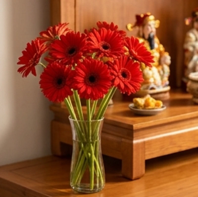 Văn khấn Thần Tài mùng 1 Tết: Bài cúng chiêu tài, giờ hoàng đạo 9 Bình hoa đồng tiền đỏ tươi tắn được đặt gọn gàng trên bàn thờ Thần Tài sạch sẽ và khô ráo