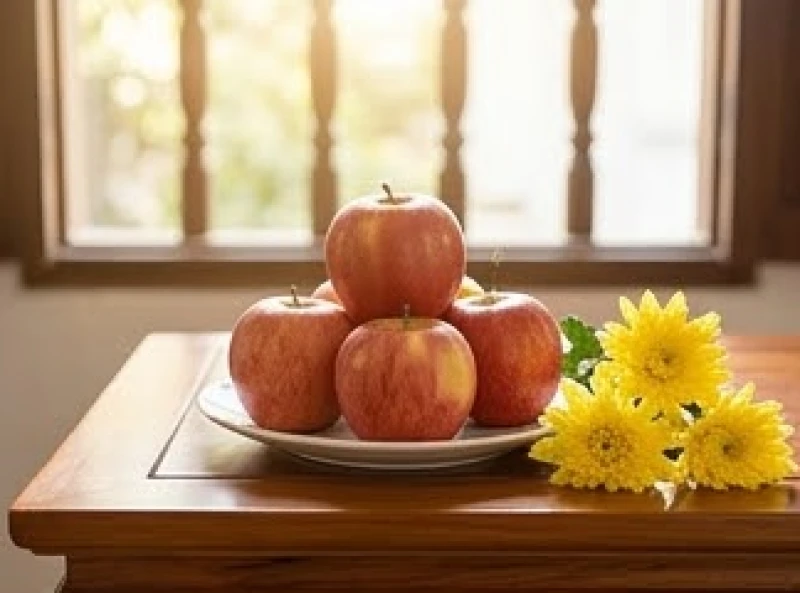 Đĩa trái cây với năm quả táo đỏ và ba bông hoa cúc vàng tươi tắn dâng lên bàn thờ Phật