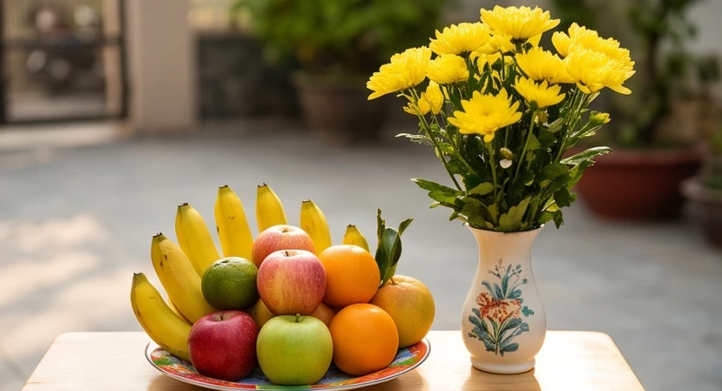 Mâm ngũ quả tươi ngon và bình hoa cúc vàng rực rỡ được chuẩn bị cẩn thận cho nghi thức cúng tạ ơn thần linh