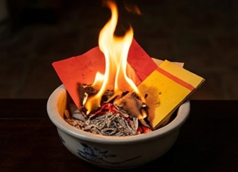 Tử vi tuổi Ất Hợi 1995 năm 2027: Diễn biến 12 tháng và cúng sao 8 Lửa cháy đượm đốt tàn tờ giấy bài vị màu đỏ và vàng mã trong chậu gốm nhỏ để hoàn tất nghi lễ