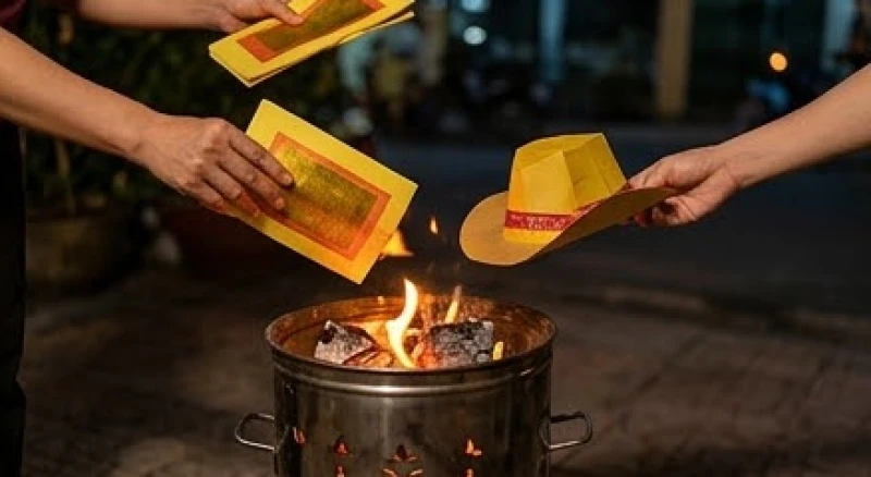 Đốt bài vị và giấy tiền vàng mã sau khi kết thúc lễ cúng sao Kế Đô