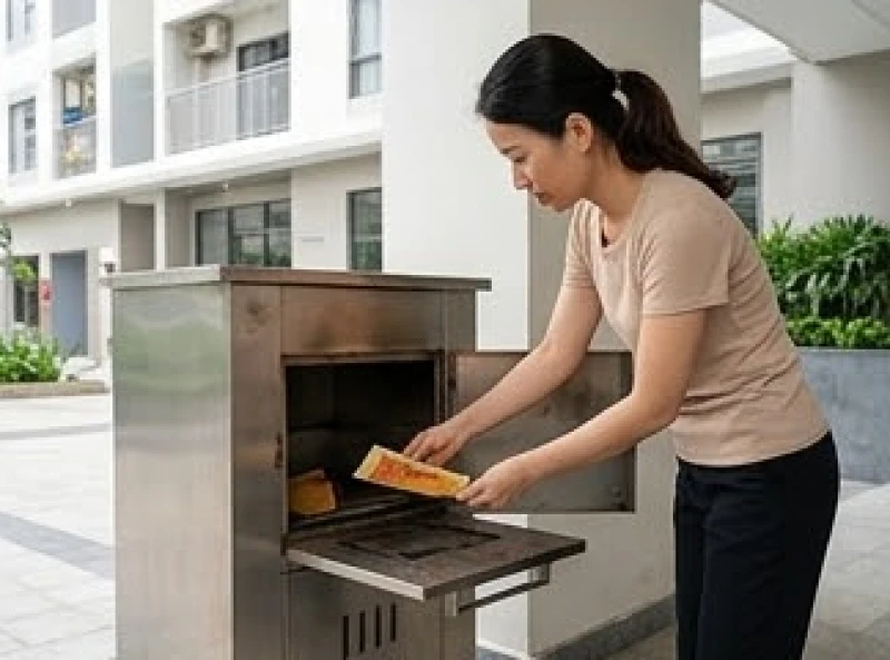 Người phụ nữ đang cẩn thận hóa một ít đinh tiền vàng tại lò đốt mã chung của tòa nhà chung cư.