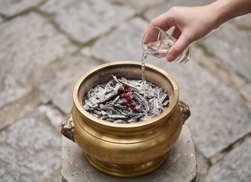 Đám tro tàn của tiền vàng mã và bài vị đang được rưới rượu trắng xung quanh để hoàn tất nghi thức cúng giải hạn